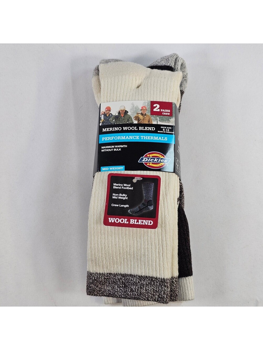 Dickies Mens 2 Pack Merino Wool Blend Performance Thermal Crew Socks Brown 6-12